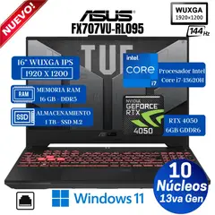 ASUS - Laptop Tuf F16 FX607VU-RL095 16" WUXGA, Core i7-13620H, Ram 16GB, Ssd 1TB, Rtx 4050 6GB, Win 11