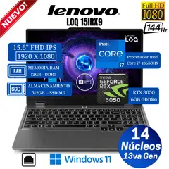 LENOVO - Laptop LOQ 15IRX9 15.6" FHD IPS, Core i7-13650HX, Ram 12GB, Ssd 512GB, Rtx 3050, Win 11