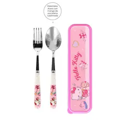 GENERICO - Cuchara y Tenedor Acero y Porcelana Con Estuche Para Niños Rosa K