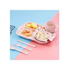 GENERICO - Set Plato Vaso Cubiertos y Tazón Set Vajilla Fish Rosado