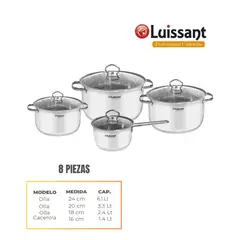 LUISSANT - JUEGO DE OLLAS EN ACERO INOXIDABLE 8 Pzas