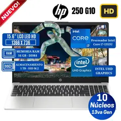HP - Laptop 250 G10 15.6" LCD LED HD, Intel Core i7-1355U, 13va Gen, Ram 16GB, Ssd 1 TB, Free Dos