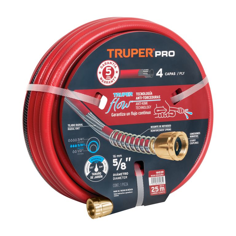Manguera 5/8" super reforzada 4 capas 25 m conexiones metal COD 16039 Truper