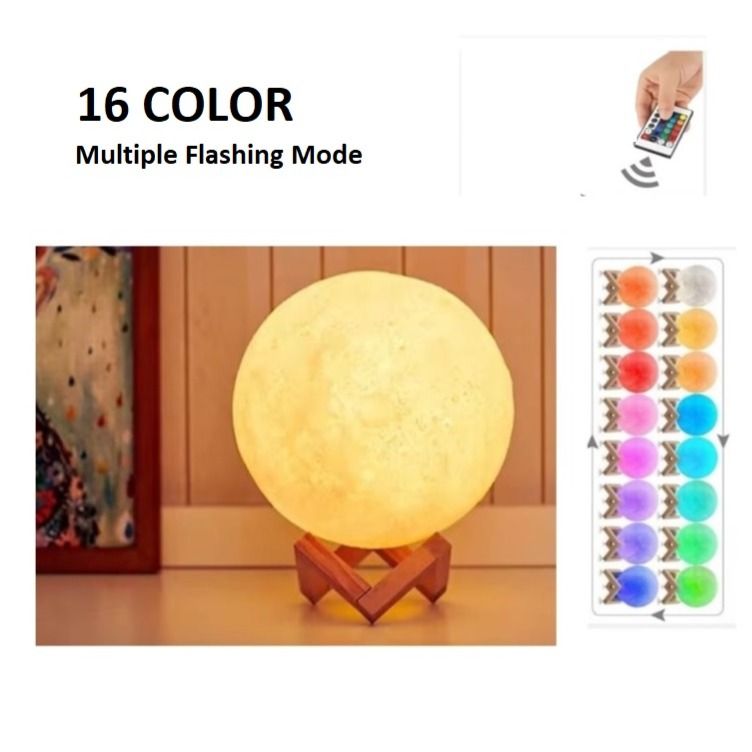 LAMPARA DE LUNA 3D LED - 15 CM LUZ 16 COLORES RGB