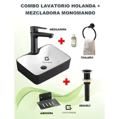 GREEN HOUSE - COMBO DE LAVATORIO HOLANDA NEGRO MATE CON BLANCO +MEZCLADORA MONOMANDO