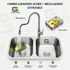 GREEN HOUSE - COMBO LAVADERO DE COCINA  2 POZAS RECTILINEO + MEZCLADORA EXTRAIBLE