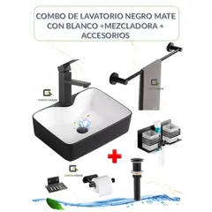 GREEN HOUSE - COMBO DE LAVATORIO NEGRO MATE CON BLANCO +MEZCLADORA + ACCESORIOS