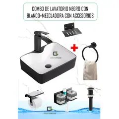 GREEN HOUSE - COMBO DE LAVATORIO NEGRO CON BLANCO +MEZCLADORA CON ACCESORIOS