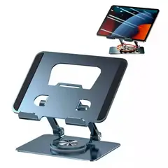 GENERICO - Soporte Aluminio para Tablet Ipad Celular Escritorio Giratorio 360 Plegable Portatil Premiun