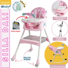 EBABY - SILLA DE COMER DALI CON MECEDORA Y RUEDAS ROSADO + platito