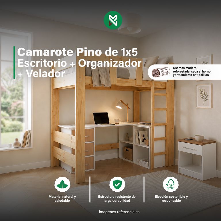 Camarote Pino de 1x 5 + Escritorio + Organizador