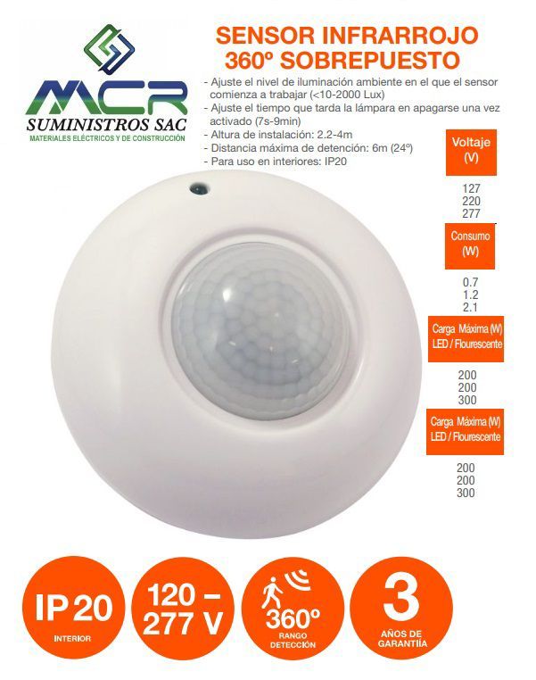 SENSOR O DETECTOR DE MOVIMIENTO CON INFRAROJO PARA INTERIORES