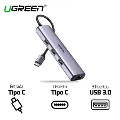 UGREEN - HUB USB TIPO C UGREEN 60600 3.0 RJ-45 3 Puertos