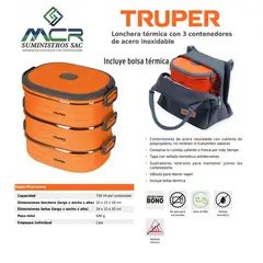 TRUPER - Lonchera térmica con 3 contenedores de acero inoxidable