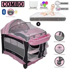 BABY KITS - Cuna Corral Verona Rosado+ Colchón 4 " Gris