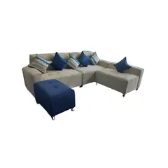 AMOBLART - Seccional Paradisse 3 Piezas + Banqueta + 6 cojines - Beige con Azul