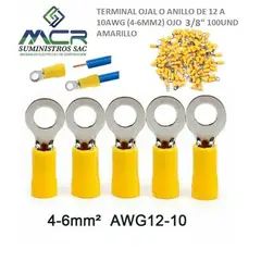 GENERICO - TERMINAL OJAL AMARILLO AISLADO DE 12 A 10AWG (4-6MM2) OJO 3/8" 100UND