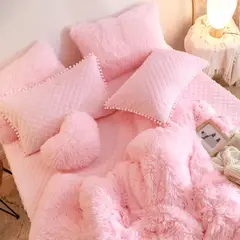 GENERICO - EDREDÓN PIEL DE OSO 2 PLAZAS + 2 FUNDAS DE ALMOHADA ROSADO BEBE