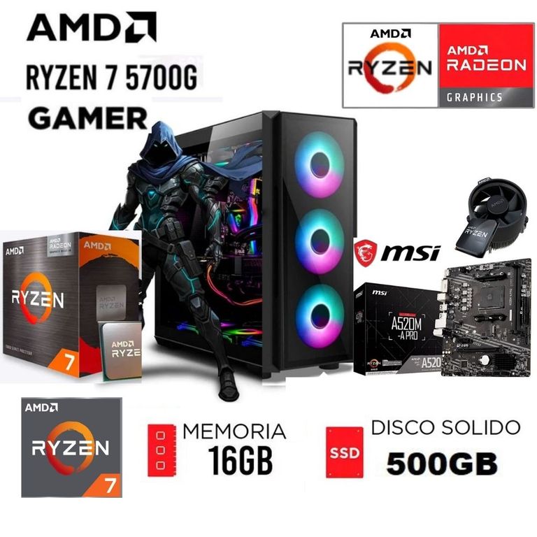 Computadora Pc Gamer Ryzen 7-5700G Ram 16GB DISCO SSD 500GB CASE RGB luces