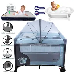 EBABY - Cuna Corral Dream +Tina pegable Gris +Colchon Azul