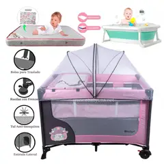 EBABY - Cuna Corral Dream +Tina Plegable Celeste+ Colchón ROSA