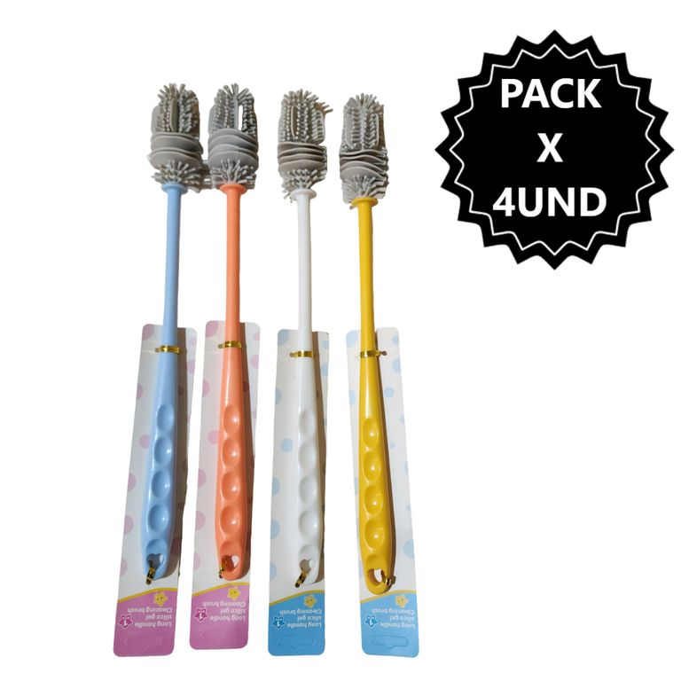 Pack x4 Cepillos de silicona largo para limpiar de botellas