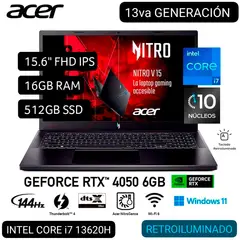 ACER - LAPTOP GAMER NITRO V15 ANV15-51-711U i7 13° GEN. 15.6 FHD IPS 144Hz 16GB 512GB RTX4050 6GB W11