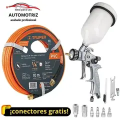 TRUPER - Kit Pistola de aire para pintar AUTOMOTRIZ, profesional, manguera 10m