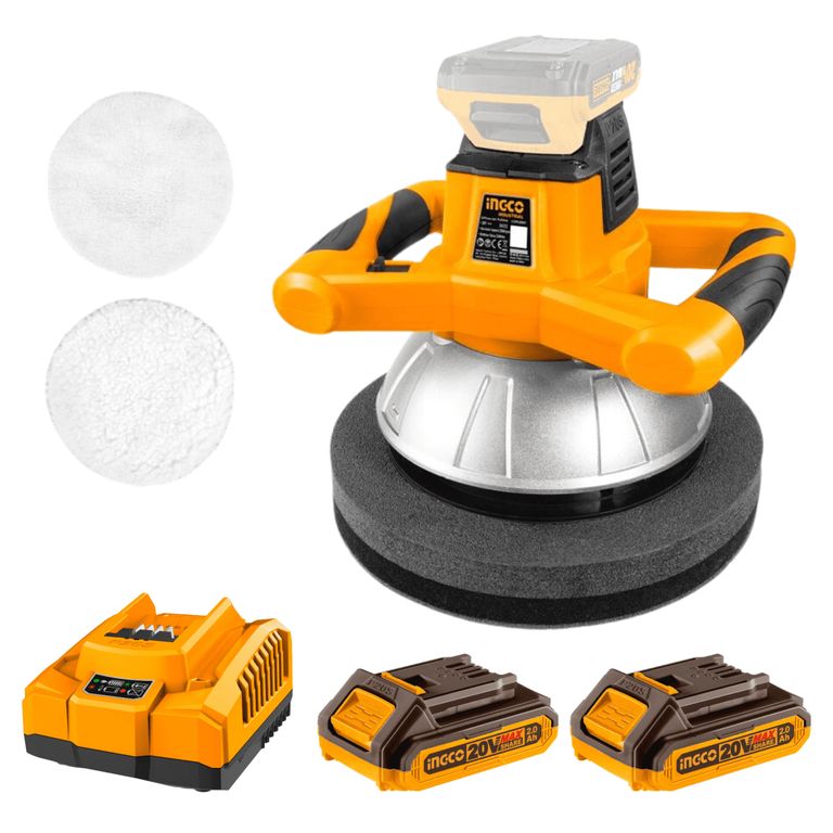 Pulidora orbital 20v + 2 baterias 2ah y cargador Ingco