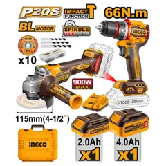 INGCO TOOLS - KIT BRUSHLESS PERCUTOR + AMOLADORA + 10 DISCOS + 2 BATERÍAS CKLI20273