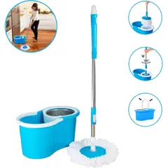 OEM - Trapeador Escurridor Giratorio Automático Con 2 Mopas Celeste