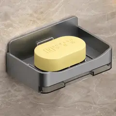 GENERICO - Jabonera de Pared de Dos Capas Sin Perforación con 2 Ganchos Gris