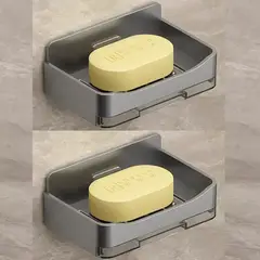 GENERICO - Jabonera de Pared de Dos Capas Sin Perforación 2 Ganchos Gris x 2 unidades