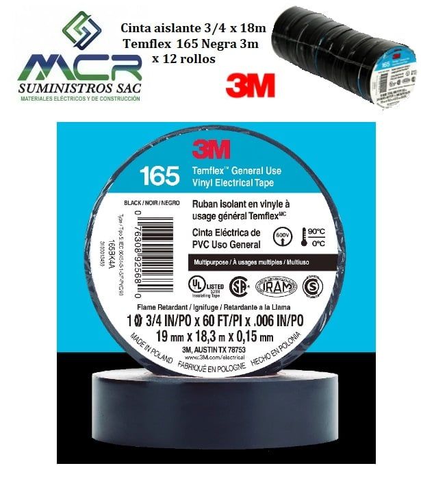 Cinta aislante 3/4 x 18m Temflex 165 Negra 3m x 12 rollos