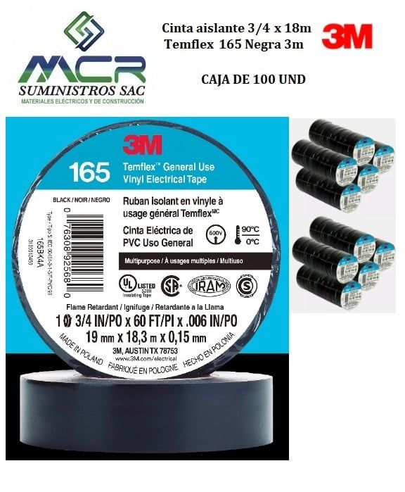 Cinta aislante 3/4 x 18m Temflex 165 Negra 3m x caja de 100 rollos