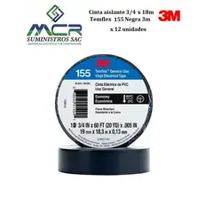 3M - Cinta aislante 3/4 x 18m Temflex 155 Negra x 12 rollos
