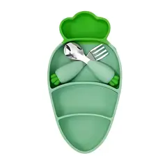 GENERICO - Set Plato y Cubiertos para Bebe Estilo Zanahoria Verde