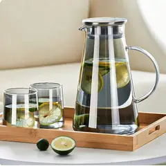 GENERICO - Pack Jarra con 6 Vasos de Vidrio Gris Resistentes al Calor