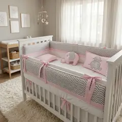 GENERICO - Set De Cuna  -  Diseño Zig Zag  Rosado - Elefantito