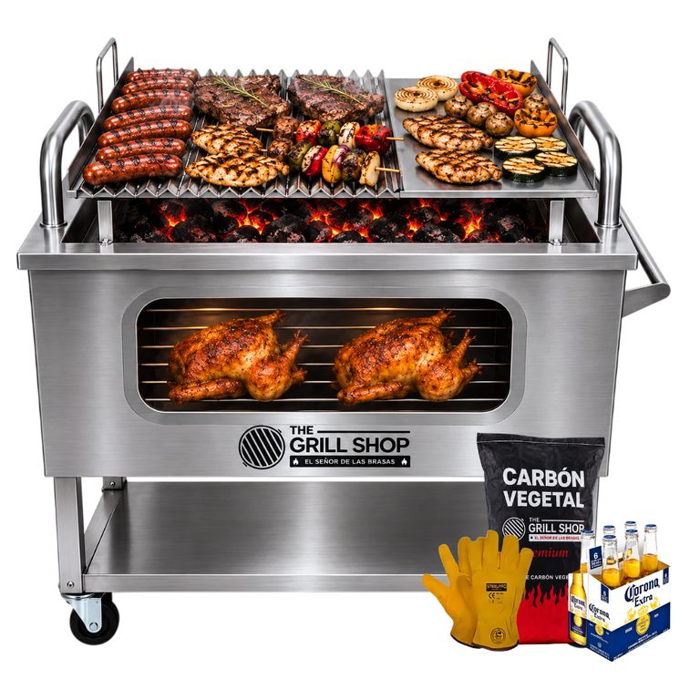 Caja China Grande Inoxidable Visor + Guantes + Carbón + Cerveza