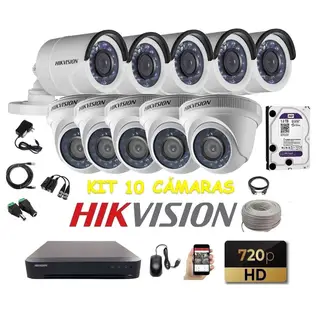 HIKVISION - Kit 10 Cámaras Seguridad HD 1tb + cable