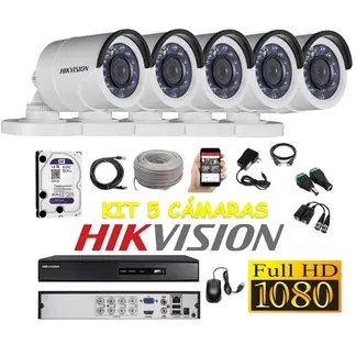HIKVISION - Kit 5 Cámaras Seguridad Tubo Exterior FULLHD 1tb + cable