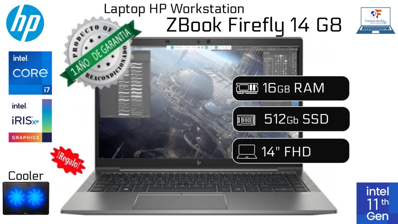 Laptop HP Ci7 11va.Firefly 14 G8 16GB 512GB ssd 14"fhd Reacondicionada 1 Año Garantía + Cooler