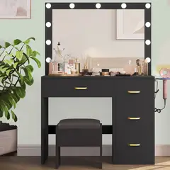 VENTITAS HOME - Tocador + Banco + Espejo Lindsay Color Negro
