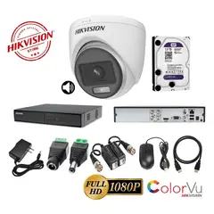 HIKVISION - Kit 1 Cámaras Seguridad Domo FULLHD Color VU con AUDIO + 1TB