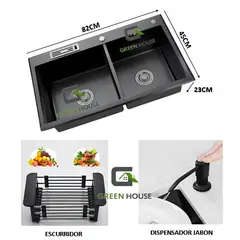 GENERICO - LAVADERO DE COCINA NEGRO DOBLE POZA CON PORTA CUCHILLO ACERO INOX.