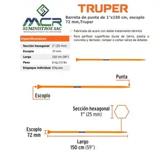 TRUPER - Barreta hexagonal de punta de 1"x150 cm escoplo 72 mm