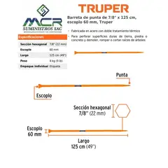 TRUPER - Barreta hexagonal de punta de 7/8"x125 cm escoplo 60 mm