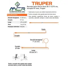 TRUPER - Barreta para tierra dura de 1"x175 cm escoplo 67 mm