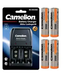 CAMELION - Cargador para 4xAA -4xAAA y 2x9v + 4 Pilas Recargables de 2500mah